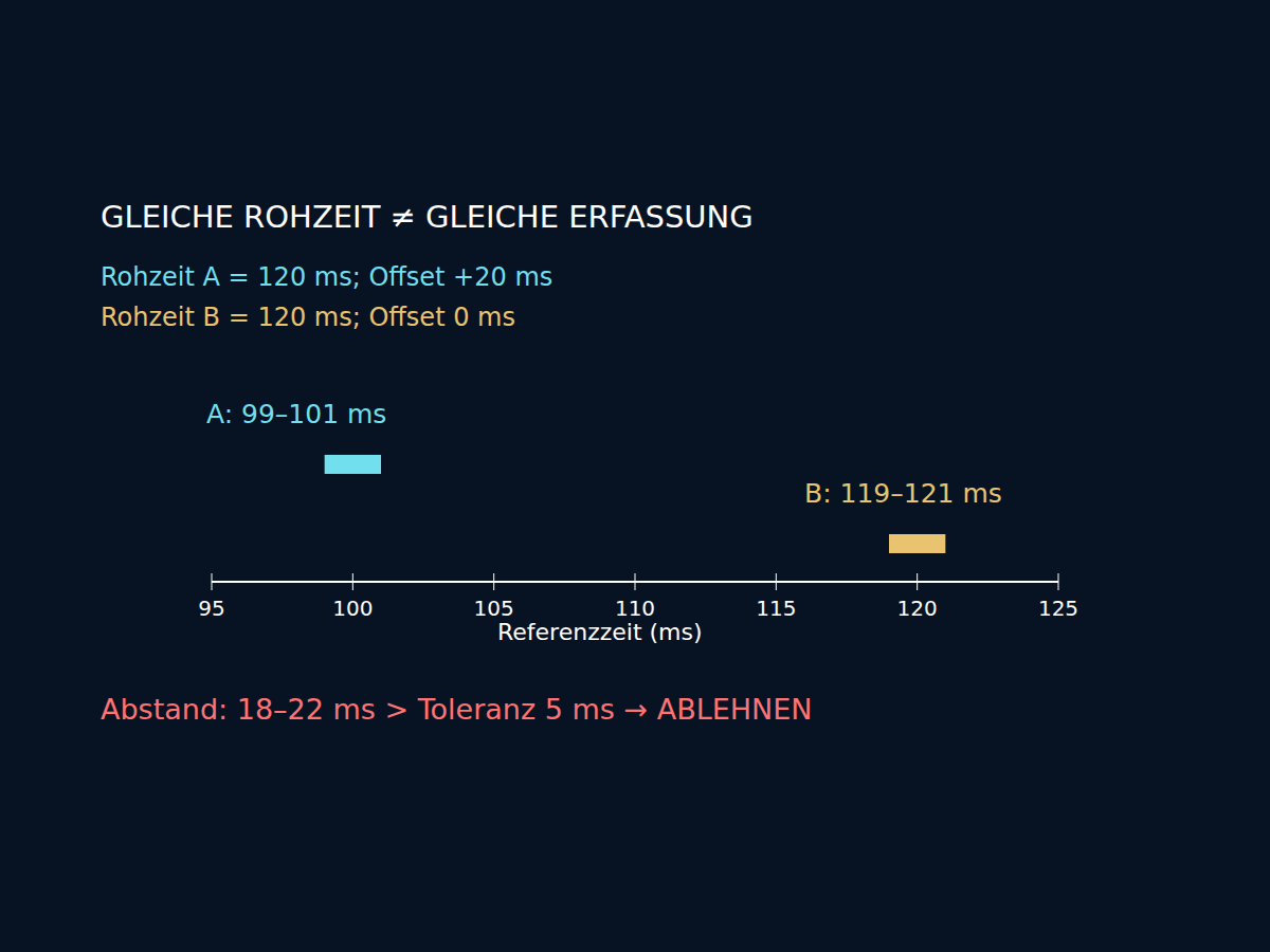 Synthetische Referenzzeitintervalle: A bei 99–101 ms, B bei 119–121 ms; trotz gleicher Rohzeitstempel ablehnen.