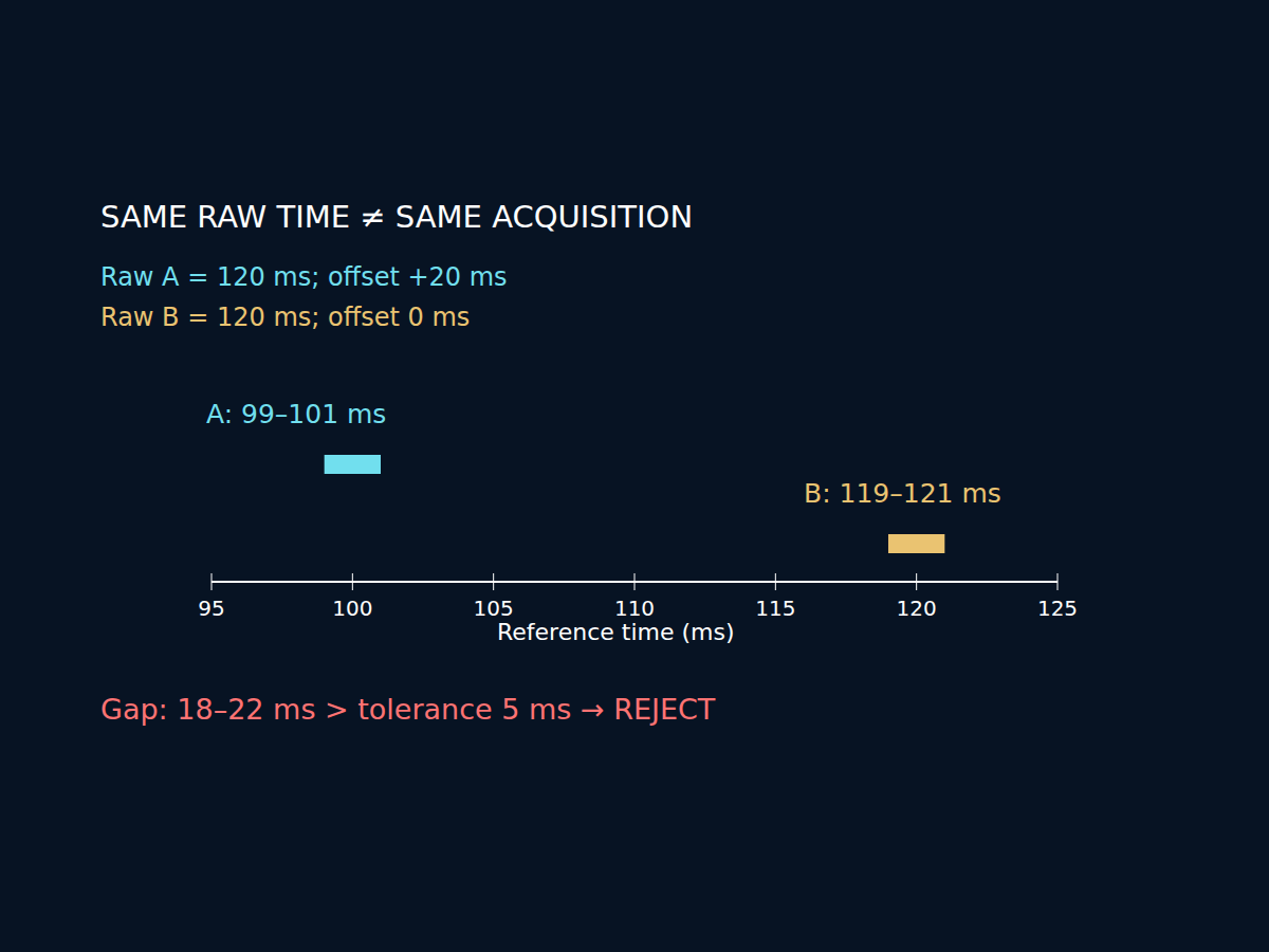 Synthetic reference-time intervals: A at 99–101 ms, B at 119–121 ms; reject despite equal raw timestamps.