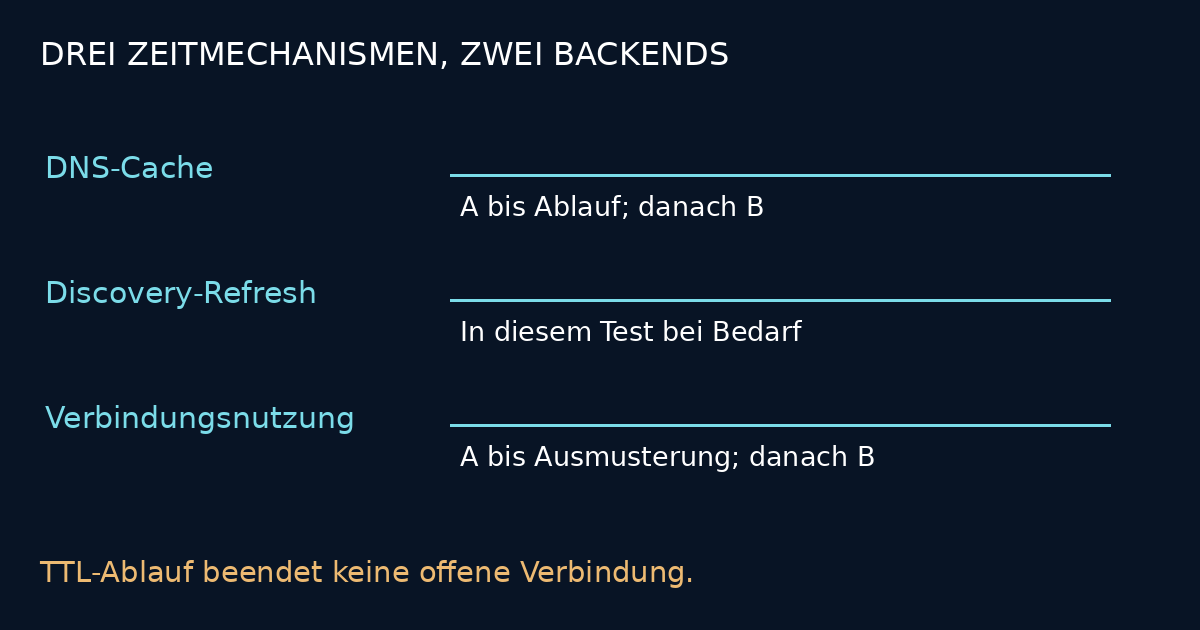 Drei unabhängige Zeitmechanismen: DNS-Cacheablauf, Aktualisierung bei Bedarf und Verbindungsnutzung bis zur Ausmusterung.