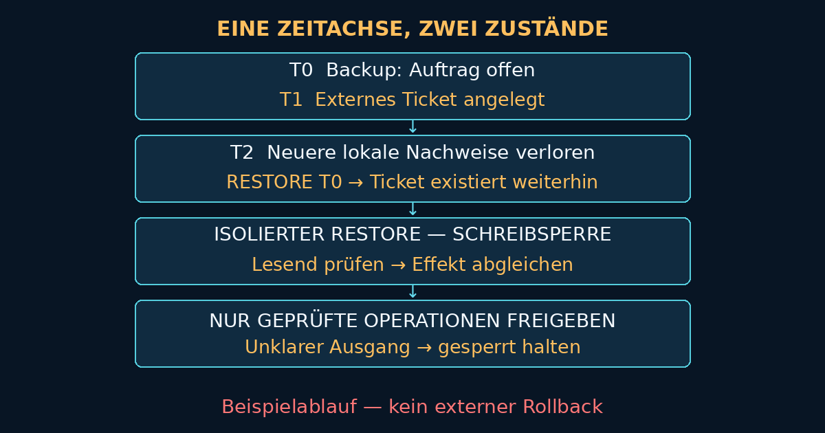 Beispielhafte Restore-Zeitachse: Das lokale Backup T0 liegt vor dem externen Ticket T1; Verlust T2 und Restore entfernen das Ticket nicht. Schreibzugriffe sperren, lesend abgleichen und nur geprüfte Operationen freigeben.