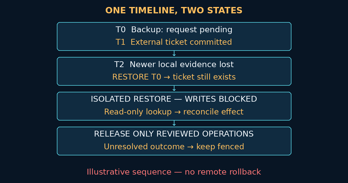 Illustrative restore timeline: local backup at T0 precedes the external ticket at T1; loss at T2 and restore do not remove the ticket. Isolate writes, reconcile read-only and release only reviewed operations.