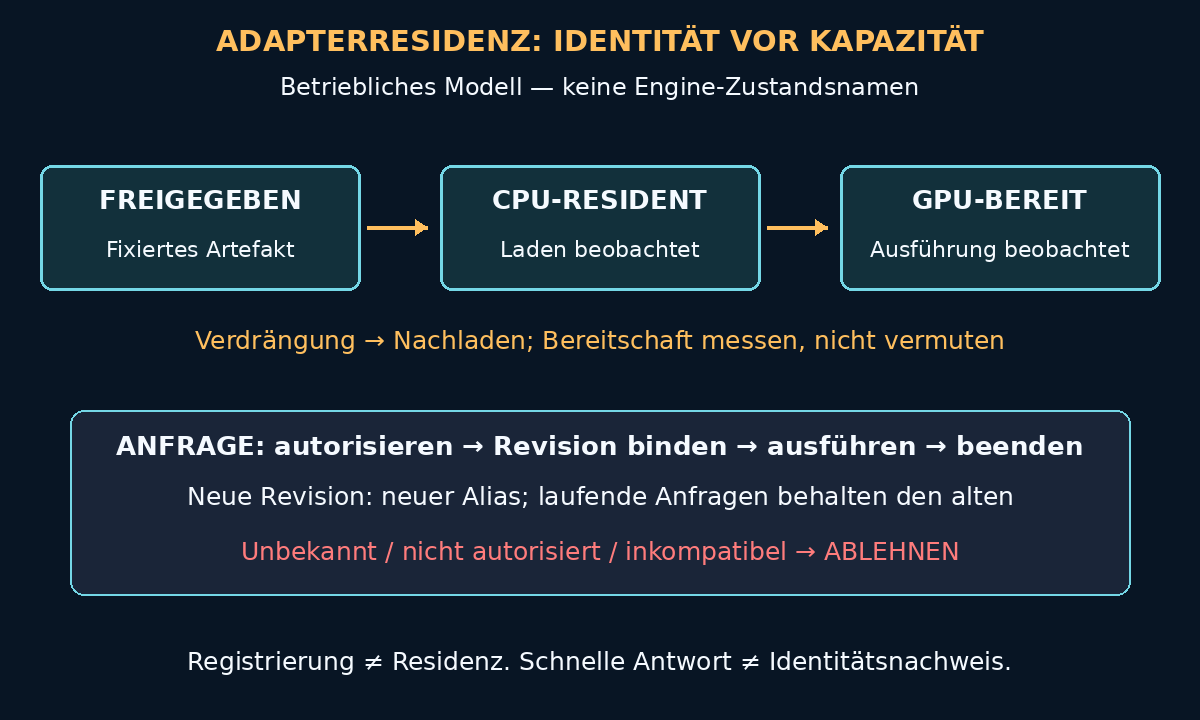 Betrieblicher Adapter-Lebenszyklus: freigegebenes Artefakt, CPU-resident, GPU-bereit; nach Verdrängung erneut laden. Anfragen binden eine Revision; unbekannte oder inkompatible Adapter werden abgelehnt.