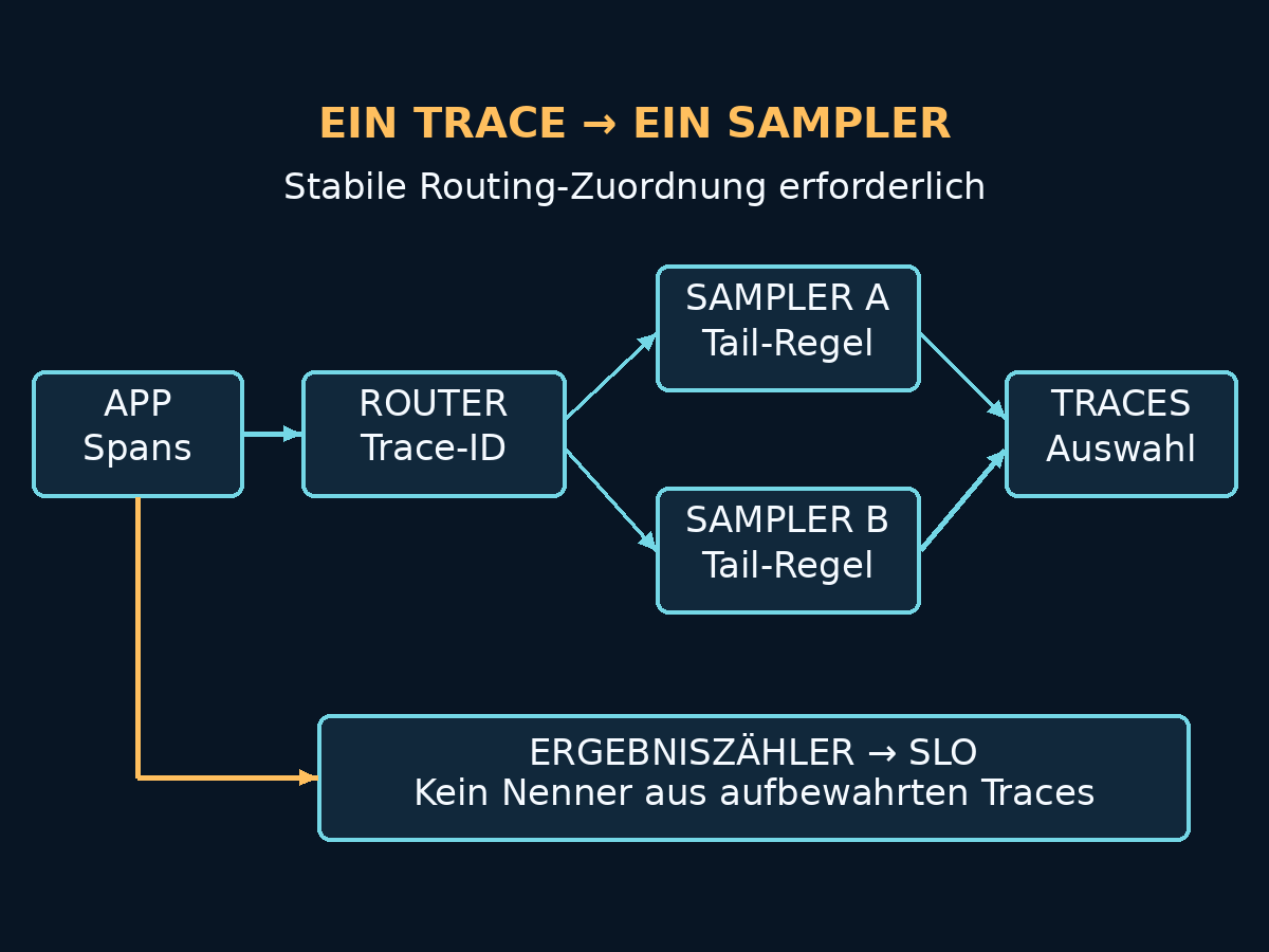 Zweistufiges Trace-ID-Routing führt jeden Trace zu einem puffernden Tail-Sampler; unabhängige Ergebniszähler versorgen Metriken und SLOs. Neustarts oder Topologiewechsel können Belege fragmentieren.