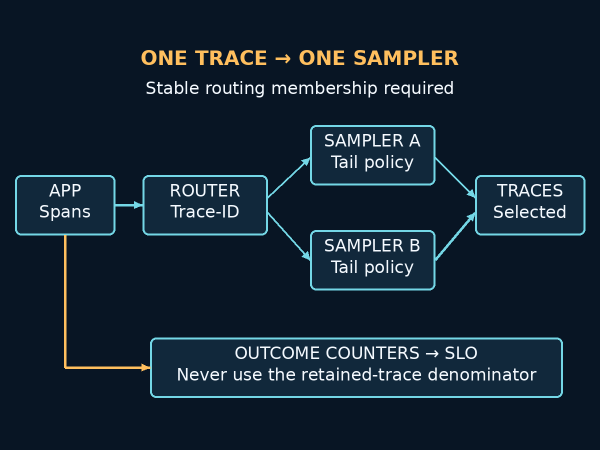 Two-tier trace-ID routing sends each trace to one buffered tail sampler; an independent outcome-counter path supplies metrics and SLOs. Restarts or membership changes can fragment evidence.