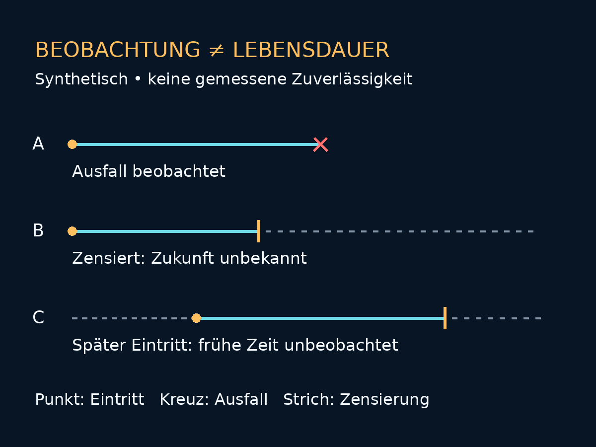 Synthetische Lebenszeitachsen unterscheiden beobachteten Ausfall, Rechtszensierung und späten Eintritt; gestrichelte Zeit ist unbeobachtet.
