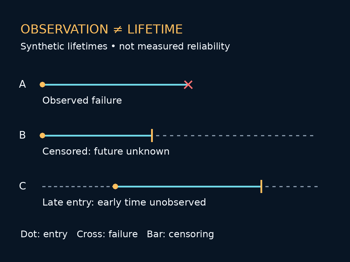 Synthetic lifetime timelines distinguish observed failure, right censoring and late entry; dashed time is unobserved.