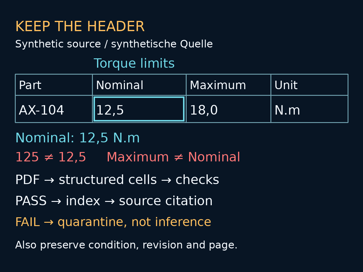 Synthetic source table: nominal 12,5 N.m must not become 125 or move under Maximum. Only accepted cell evidence enters the index and citation path.
