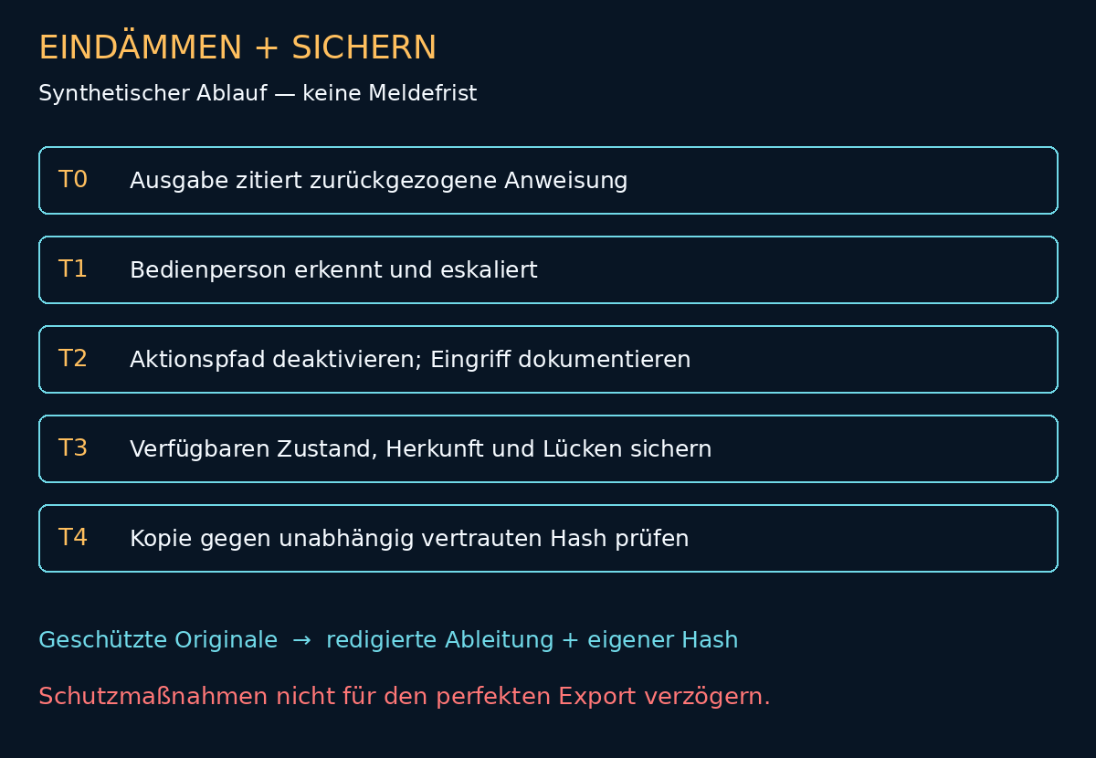 Synthetische Zeitleiste von der Ausgabe über Eindämmung und Nachweissicherung zur Integritätsprüfung; keine gesetzliche Meldefrist.