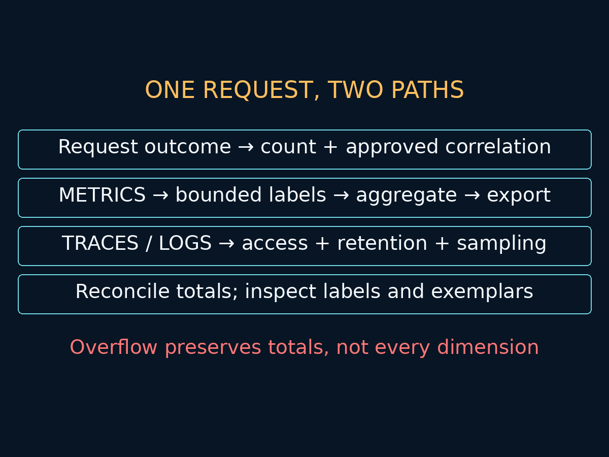 Request outcome splits into bounded metrics and governed trace or log evidence, with separate reconciliation and exemplar review.