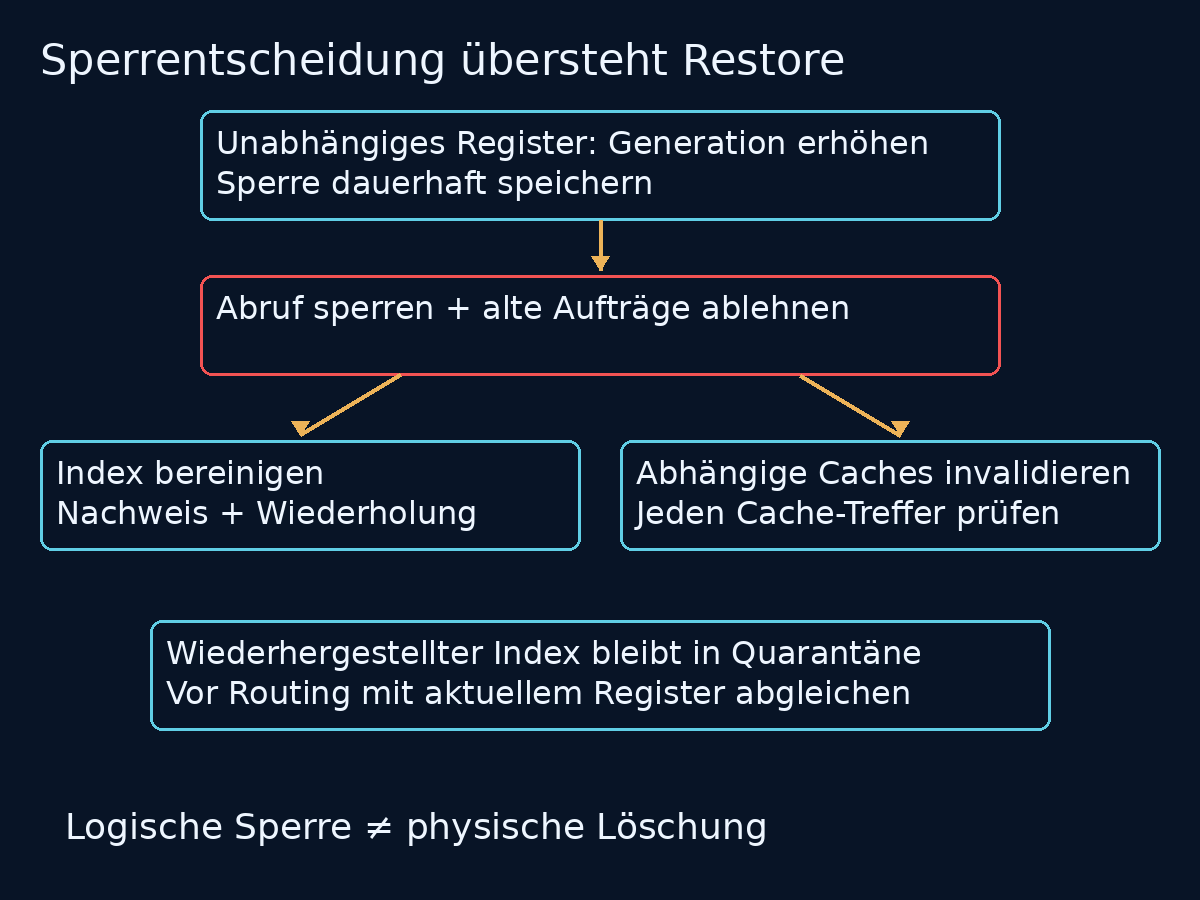 Ein unabhängiges Sperrregister blockiert Abrufe vor paralleler Indexbereinigung und Cache-Invalidierung. Wiederhergestellte Indizes bleiben bis zum aktuellen Registerabgleich in Quarantäne.